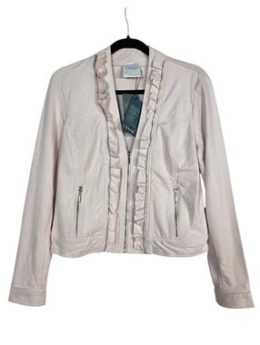 Lysse Soft Faux Suede Pale Pink Ruffle Front Zip Jacket
